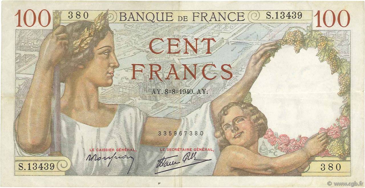 100 Francs SULLY FRANCE  1940 F.26.35 TTB