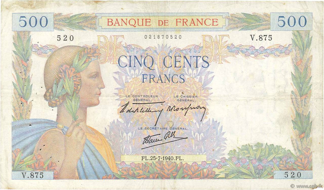 500 Francs LA PAIX FRANCE  1940 F.32.05 TB
