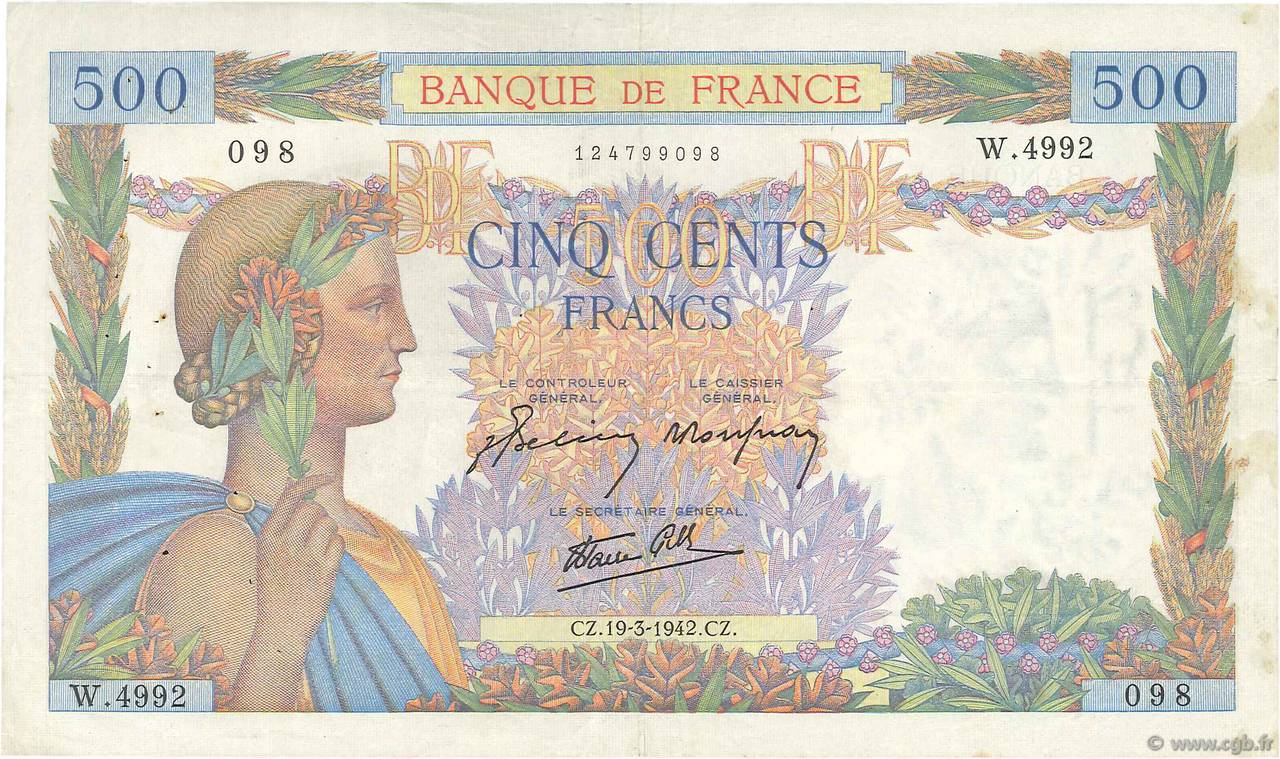 500 Francs LA PAIX FRANCE  1942 F.32.31 TTB