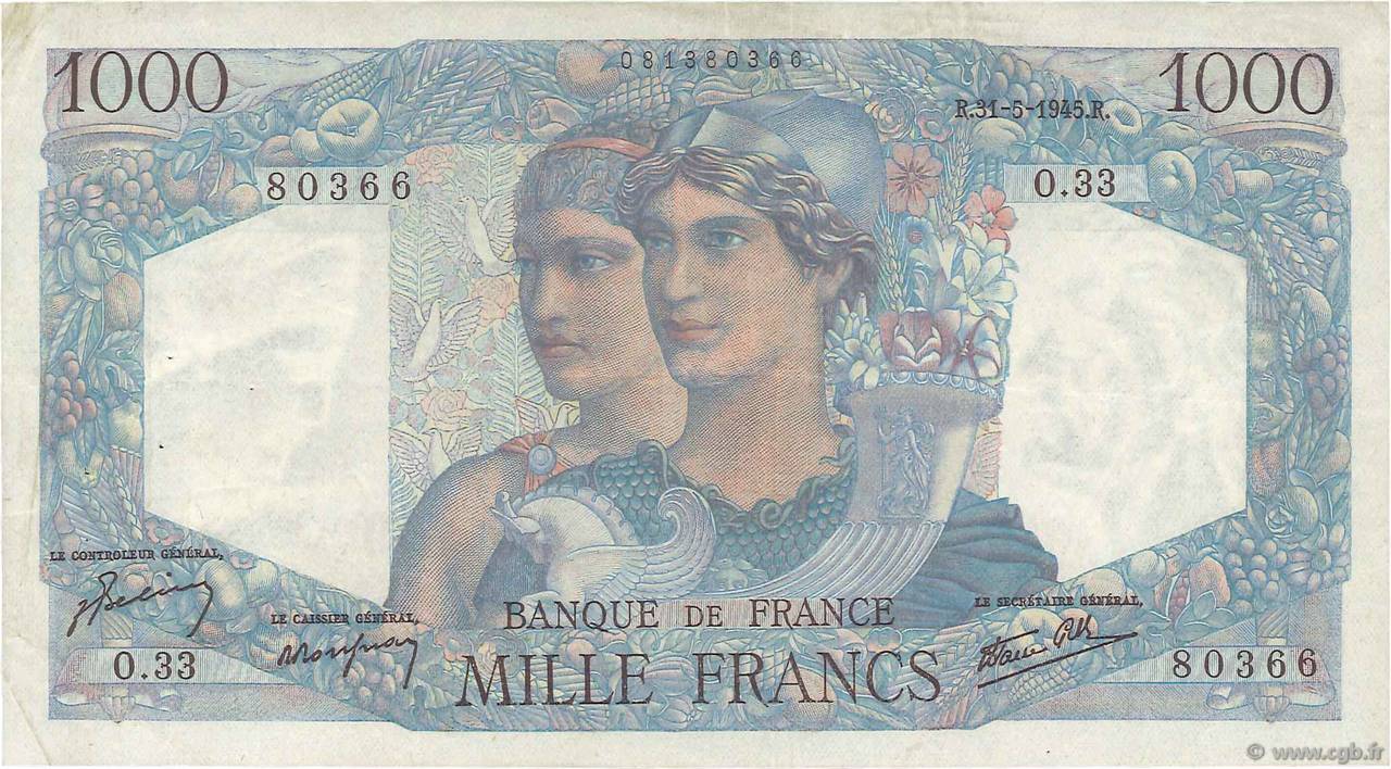 1000 Francs MINERVE ET HERCULE FRANCE  1945 F.41.03 TTB