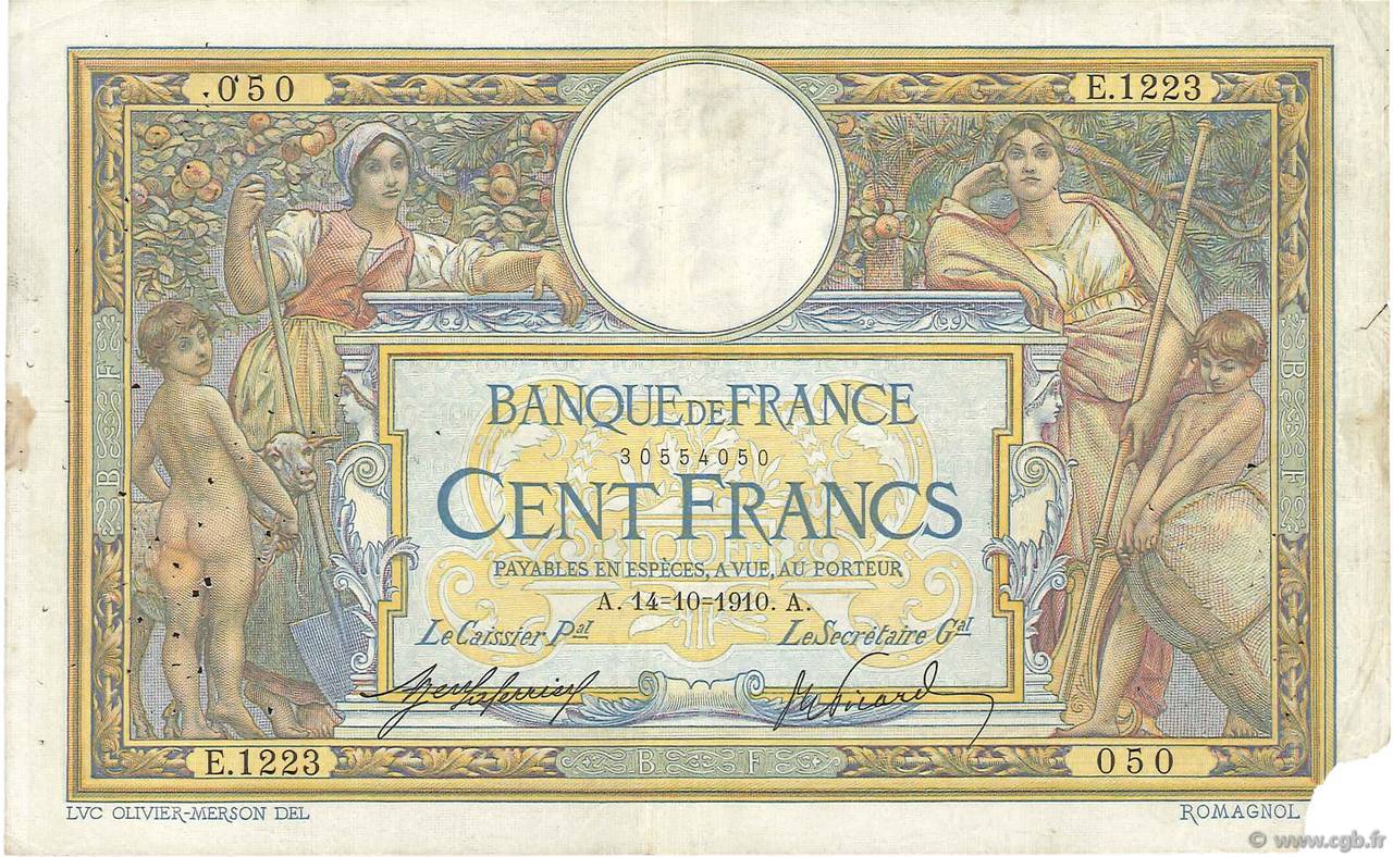 100 Francs LUC OLIVIER MERSON sans LOM FRANCE  1910 F.23.02 TB