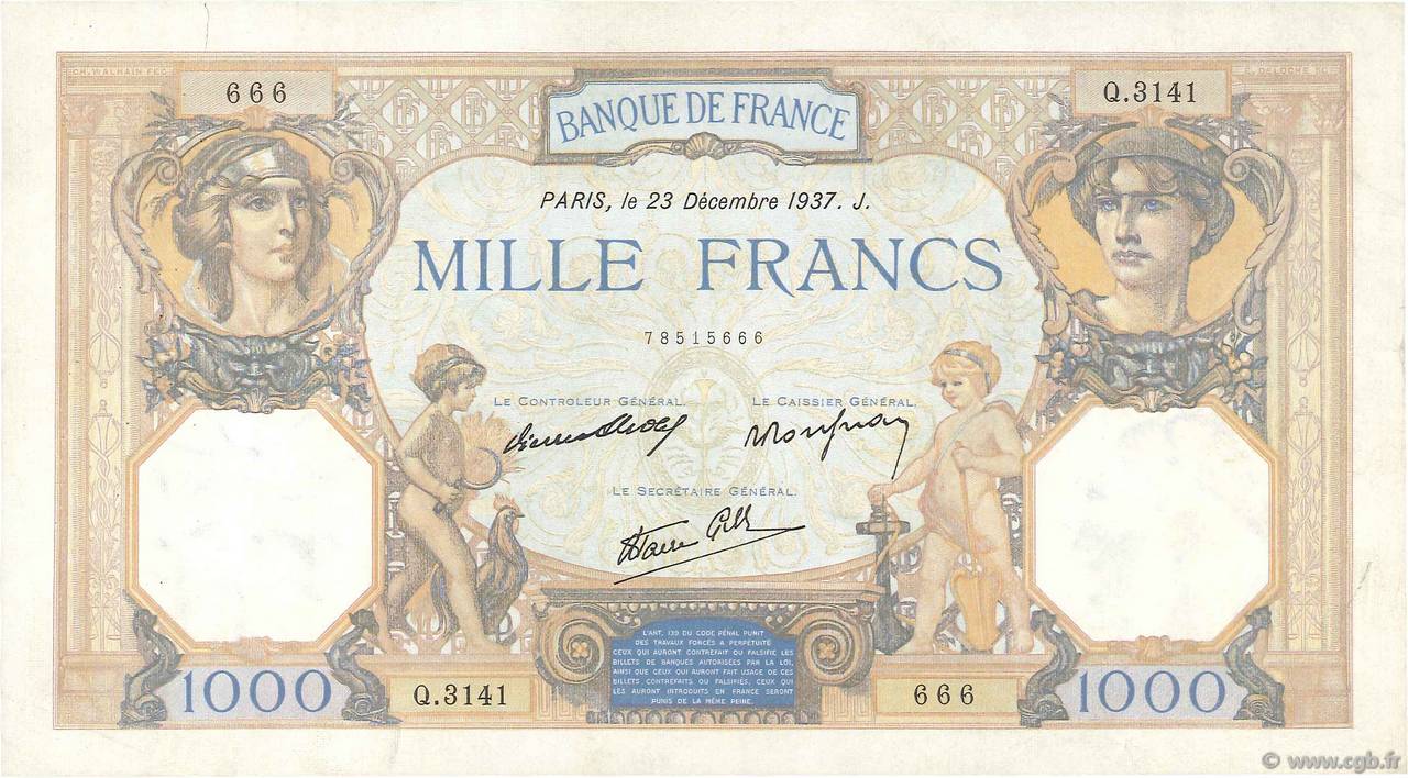 1000 Francs CÉRÈS ET MERCURE type modifié FRANCE  1937 F.38.08 TTB