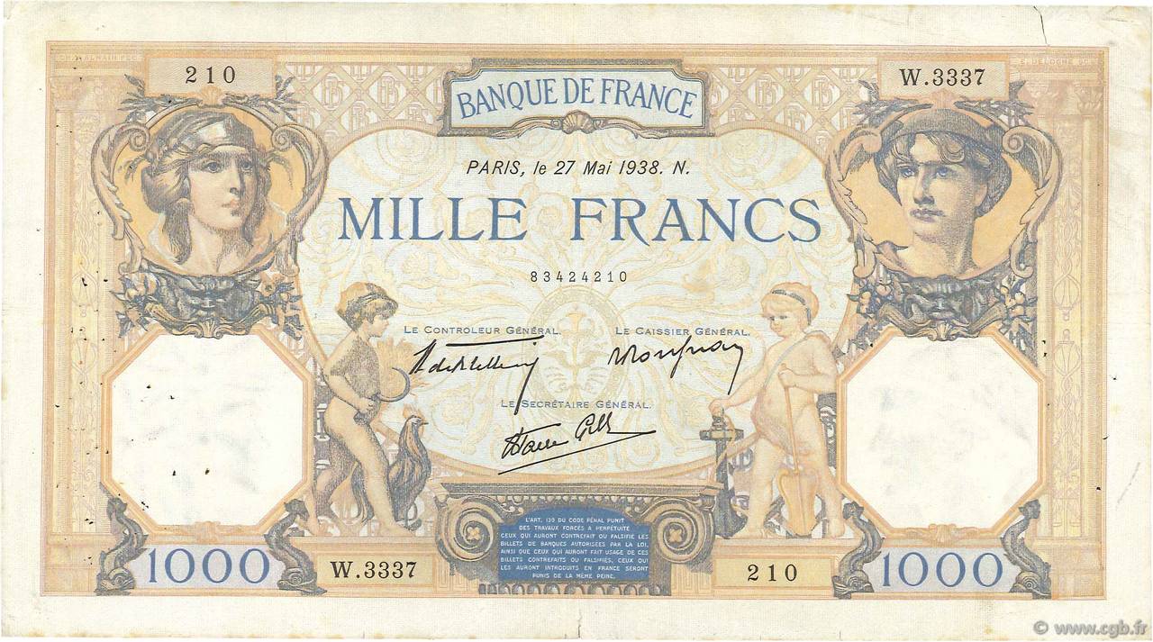 1000 Francs CÉRÈS ET MERCURE type modifié FRANCE  1938 F.38.16 TB