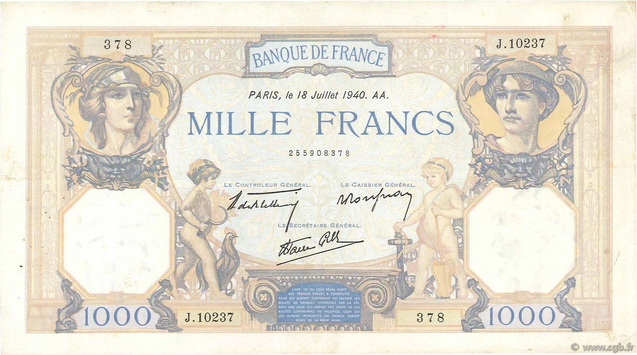 1000 Francs CÉRÈS ET MERCURE type modifié FRANCE  1940 F.38.50 TB+