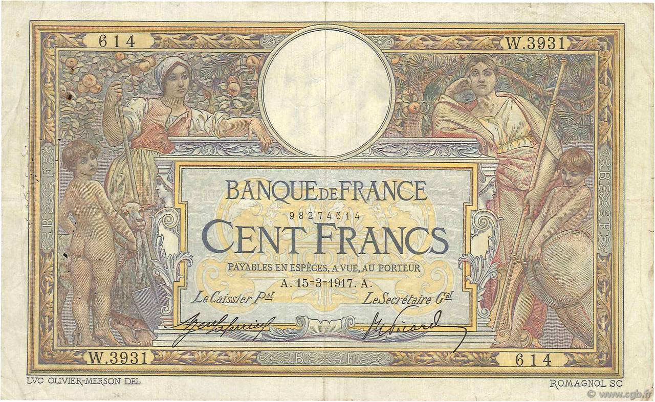 100 Francs LUC OLIVIER MERSON sans LOM FRANCE  1917 F.23.09 TB