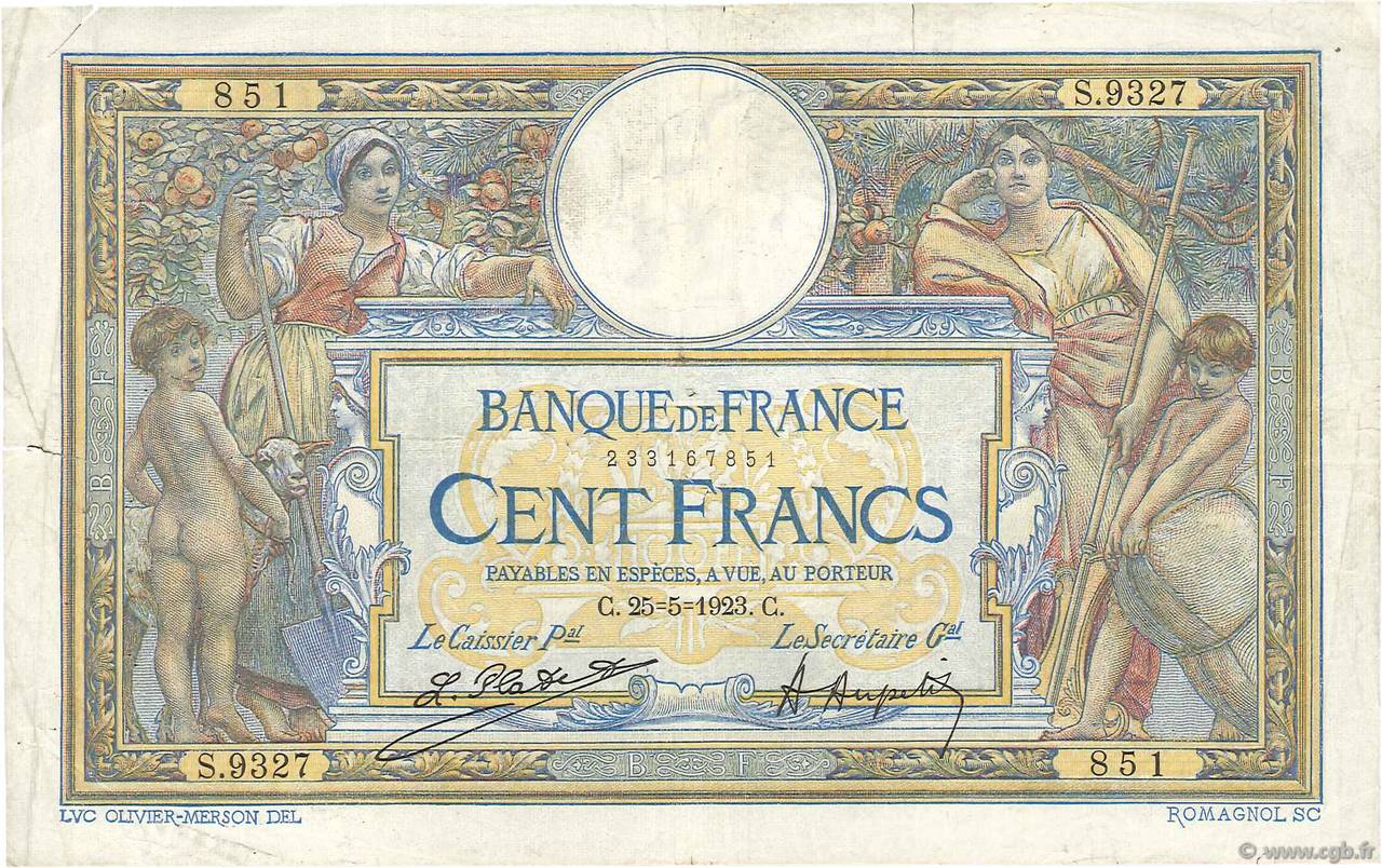 100 Francs LUC OLIVIER MERSON sans LOM FRANCE  1923 F.23.16 pr.TB