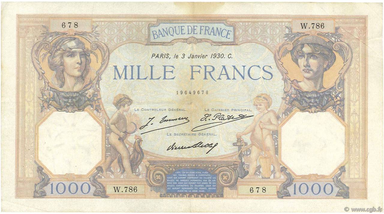 1000 Francs CÉRÈS ET MERCURE FRANCE 1930 F.37.04 pr.TTB