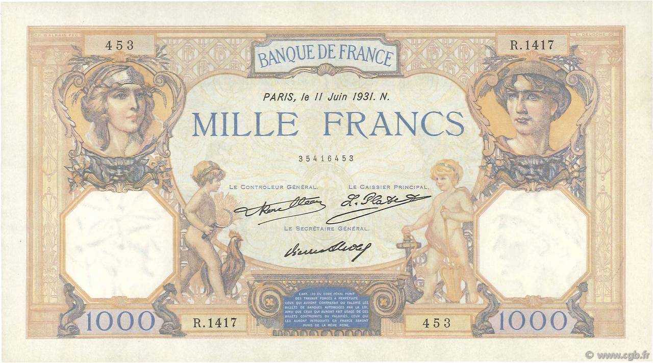 1000 Francs CÉRÈS ET MERCURE FRANCE  1931 F.37.06 pr.SUP