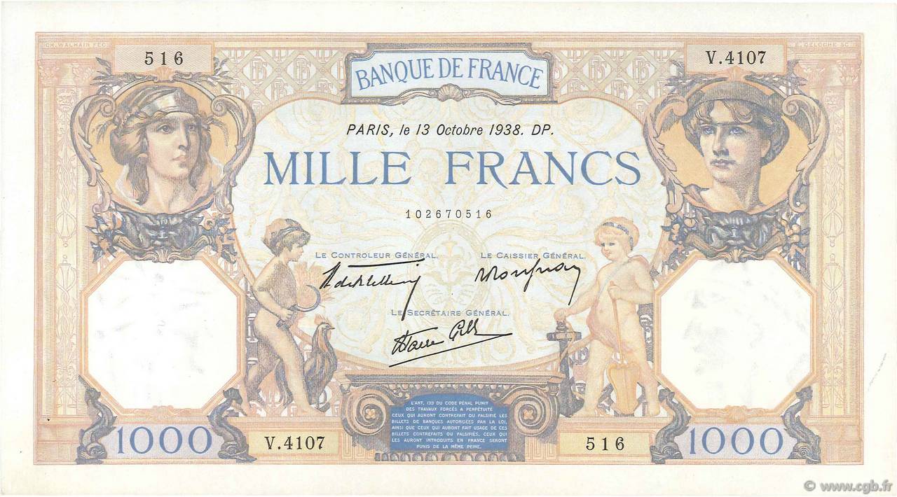 1000 Francs CÉRÈS ET MERCURE type modifié FRANCE  1938 F.38.29 SUP