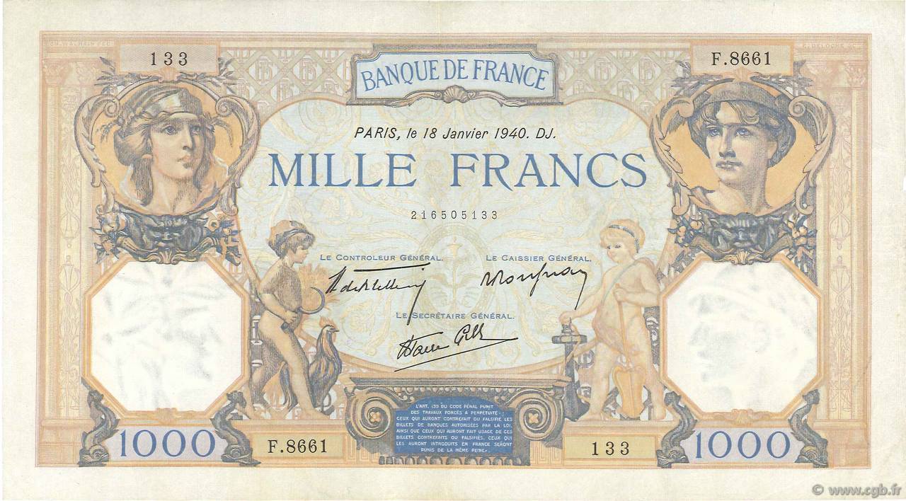 1000 Francs CÉRÈS ET MERCURE type modifié FRANCE  1940 F.38.41 pr.TTB
