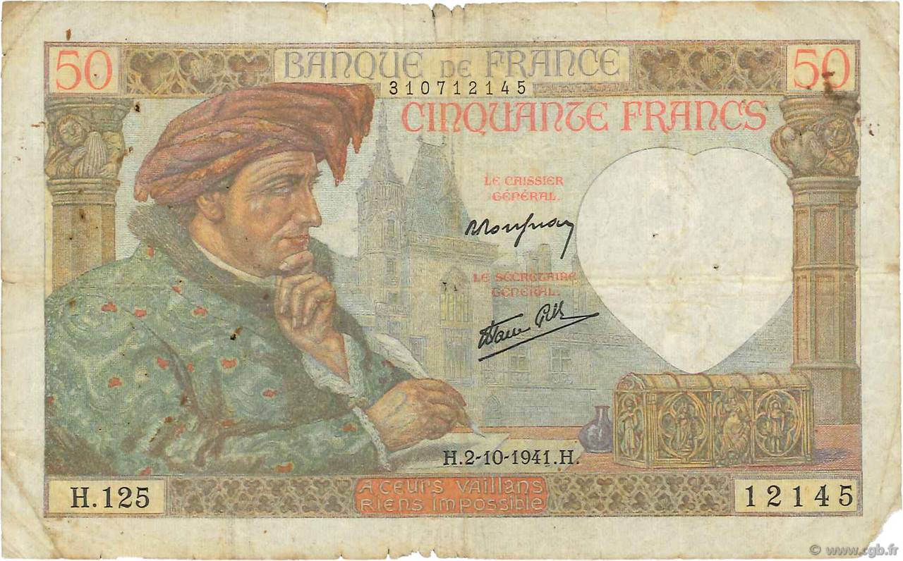 50 Francs JACQUES CŒUR FRANCE  1941 F.19.15 B