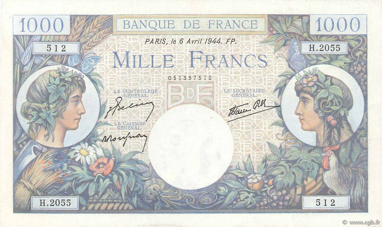 1000 Francs COMMERCE ET INDUSTRIE FRANCE  1944 F.39.05 SUP