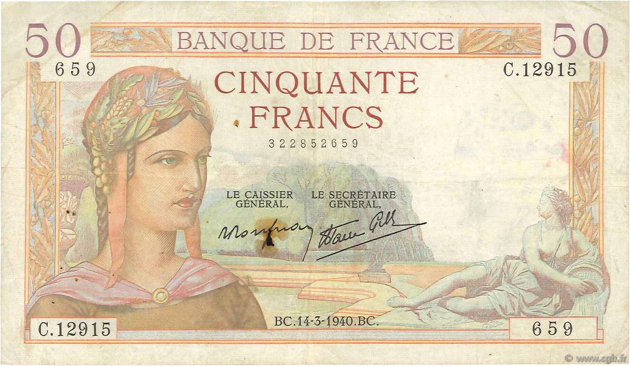 50 Francs CÉRÈS modifié FRANCE  1940 F.18.41 TB
