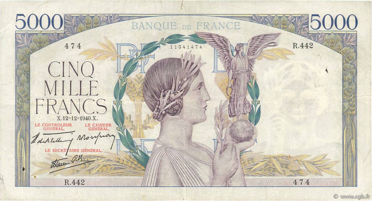 5000 Francs VICTOIRE Impression à plat FRANCE  1940 F.46.16 TB