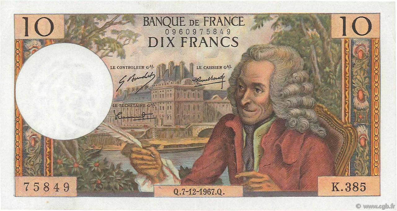 10 Francs VOLTAIRE Grand numéro FRANCE  1967 F.62.30 SUP