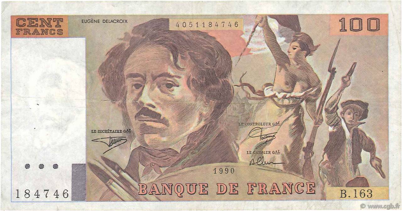 100 Francs DELACROIX imprimé en continu FRANCE  1990 F.69bis.02b TB