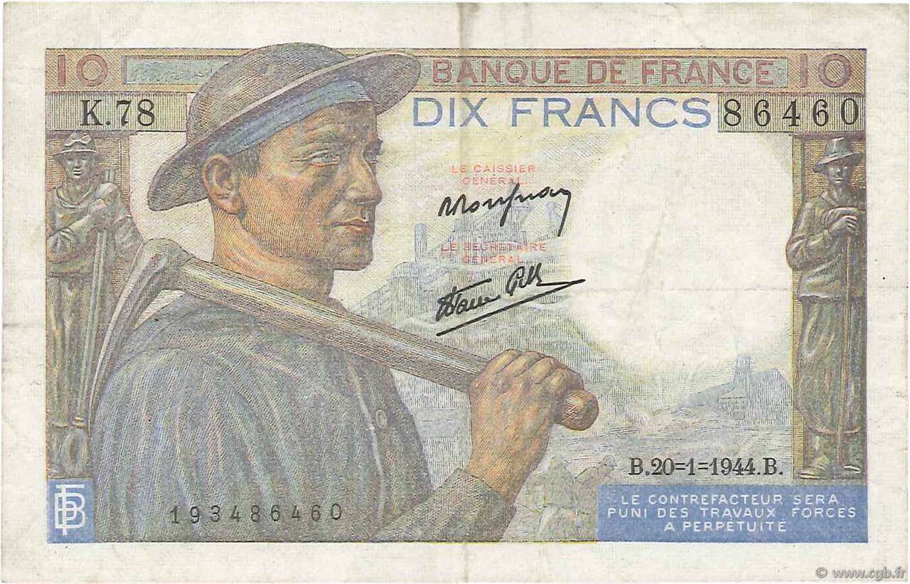 10 Francs MINEUR FRANCE  1944 F.08.11 pr.TTB