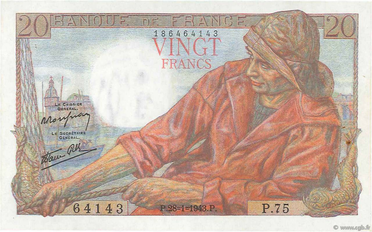 20 Francs PÊCHEUR Grand numéro FRANCE  1943 F.13.05 SUP