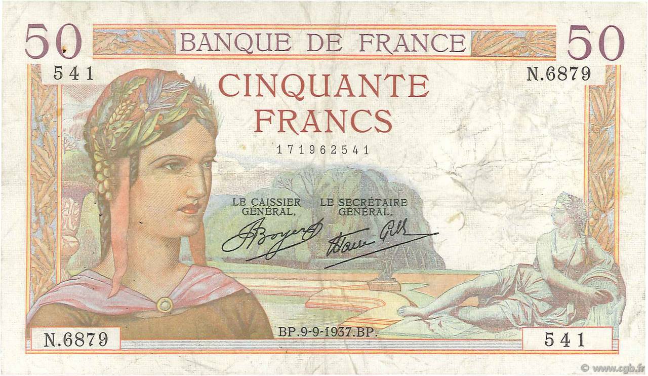 50 Francs CÉRÈS modifié FRANCE  1937 F.18.03 TB