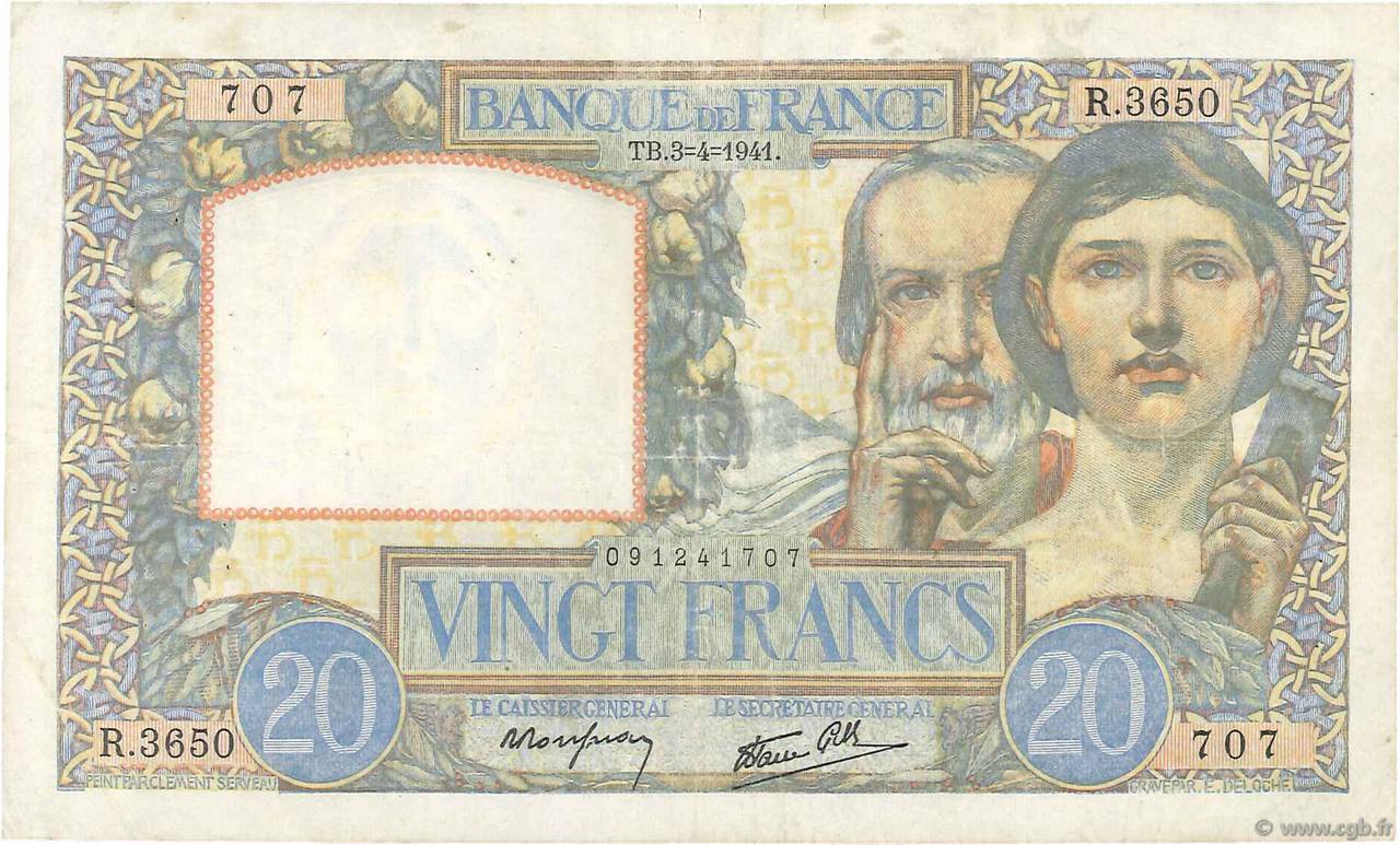 20 Francs TRAVAIL ET SCIENCE FRANCE  1941 F.12.13 TB
