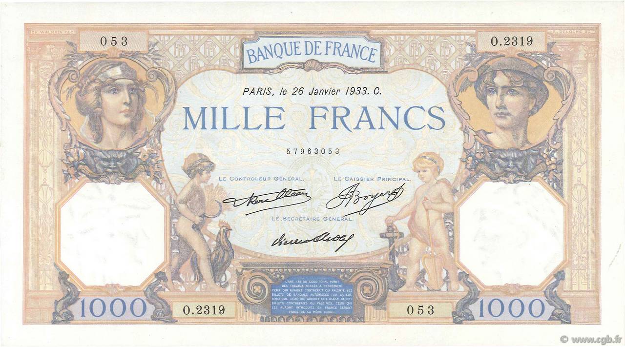 1000 Francs CÉRÈS ET MERCURE FRANCE  1933 F.37.08 SUP
