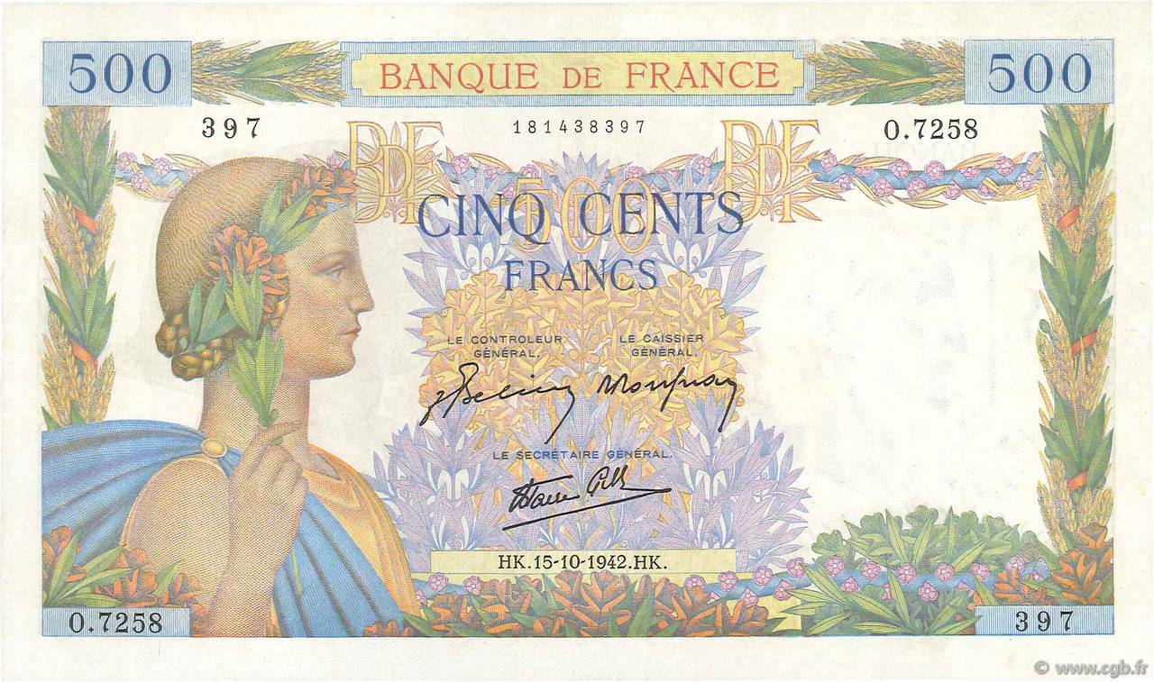 500 Francs LA PAIX FRANCIA  1942 F.32.42 MBC