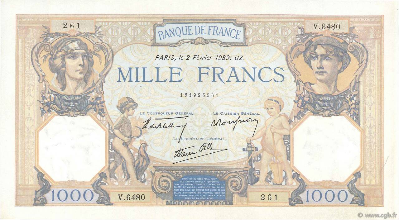 1000 Francs CÉRÈS ET MERCURE type modifié FRANCIA  1939 F.38.34 AU