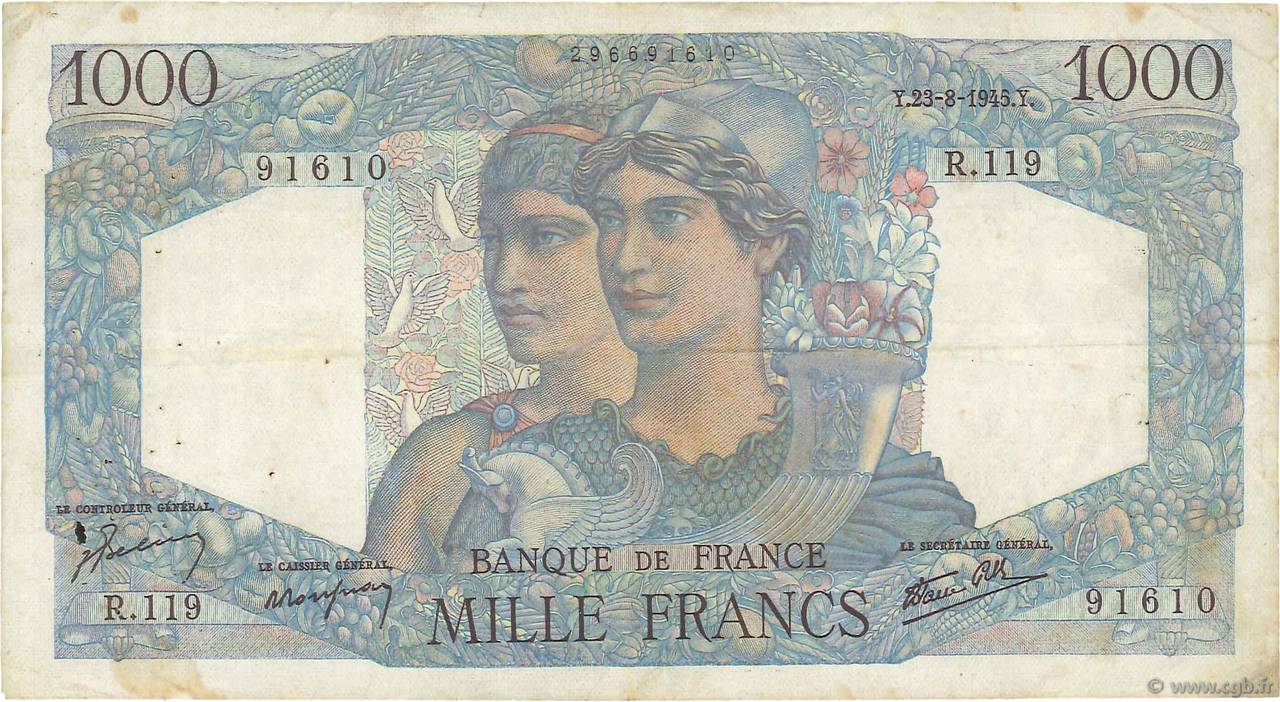 1000 Francs MINERVE ET HERCULE FRANCE  1945 F.41.07 F