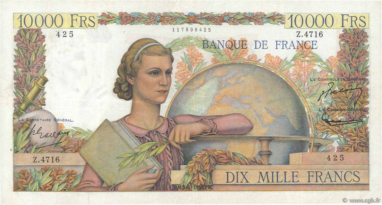 10000 Francs GÉNIE FRANÇAIS FRANKREICH  1953 F.50.64 SS