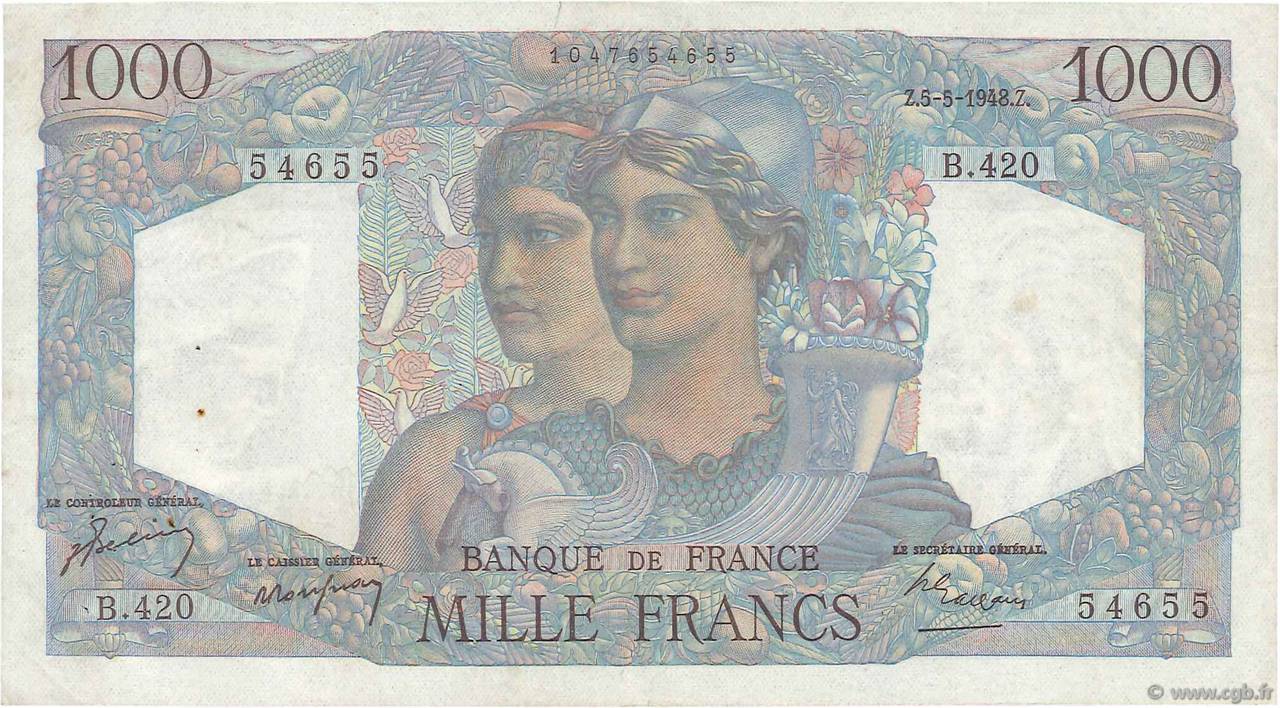 1000 Francs MINERVE ET HERCULE FRANKREICH  1948 F.41.20 SS