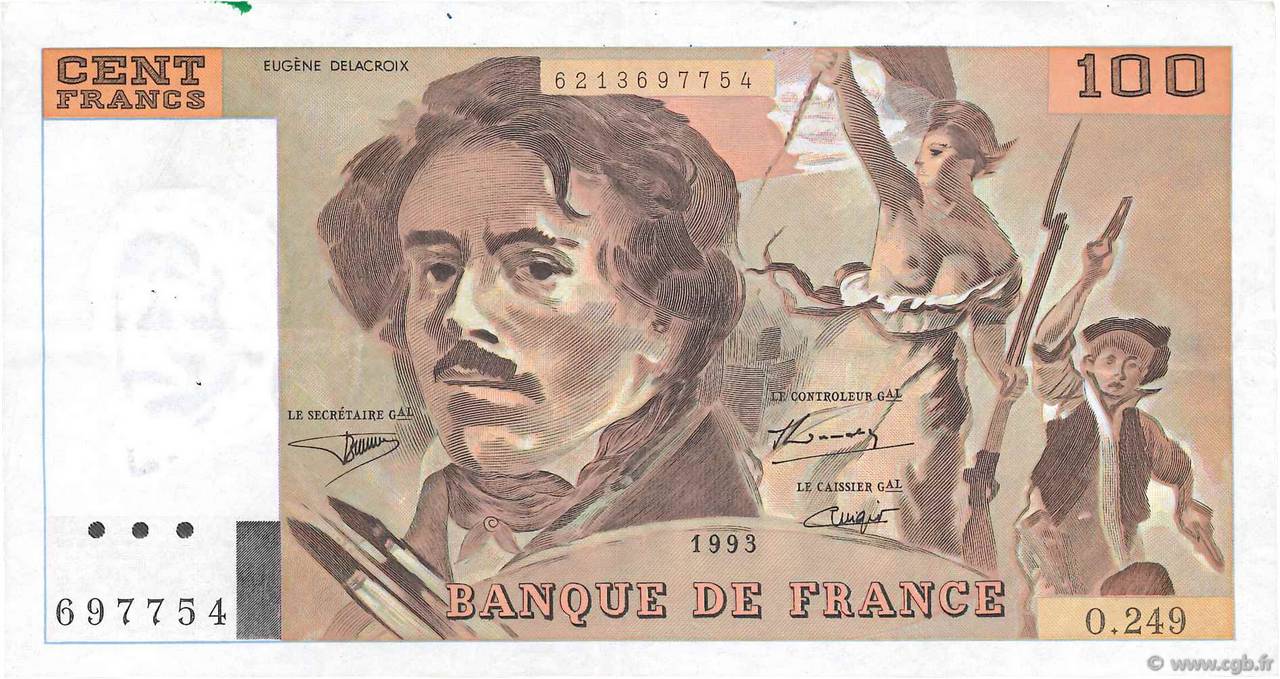 100 Francs DELACROIX imprimé en continu FRANCE  1993 F.69bis.08 TTB