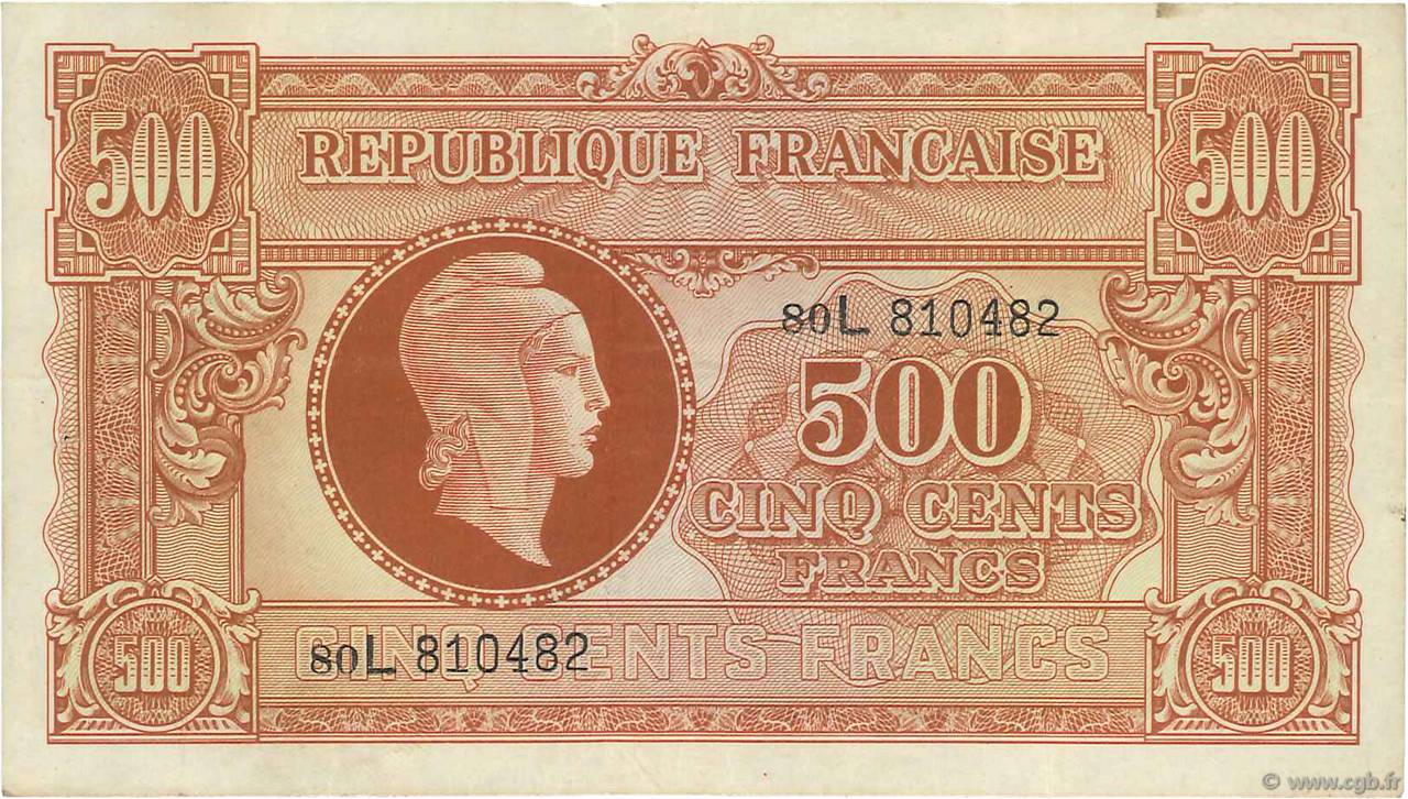 500 Francs MARIANNE fabrication anglaise FRANCE  1945 VF.11.01 VF-