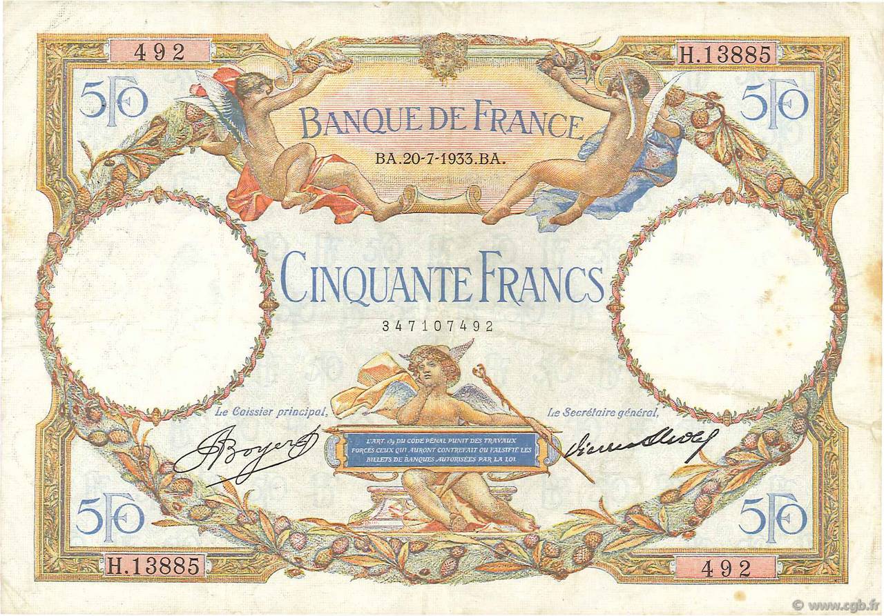 50 Francs LUC OLIVIER MERSON type modifié FRANCE  1933 F.16.04 VF-