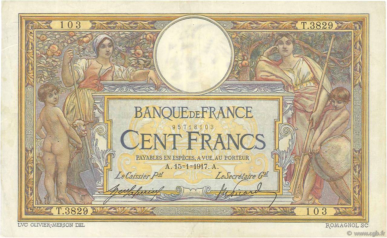 100 Francs LUC OLIVIER MERSON sans LOM FRANCE  1917 F.23.09 VF-