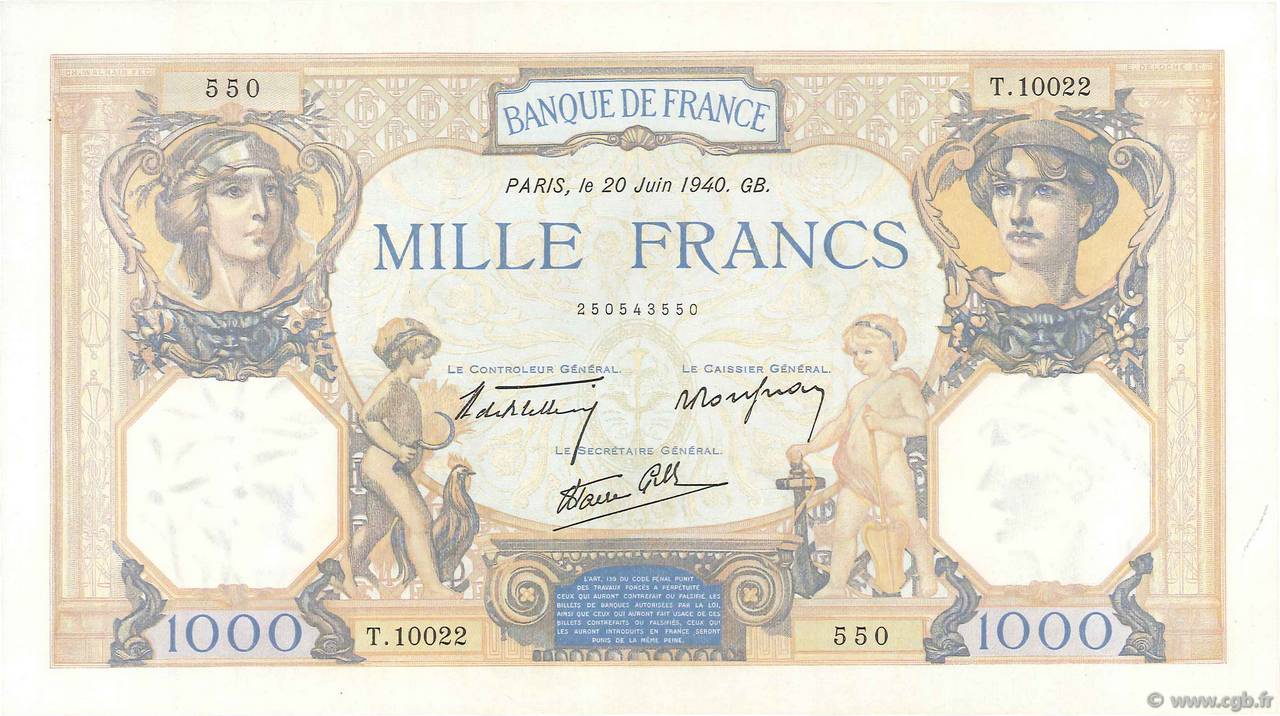 1000 Francs CÉRÈS ET MERCURE type modifié FRANCE  1940 F.38.49 SUP
