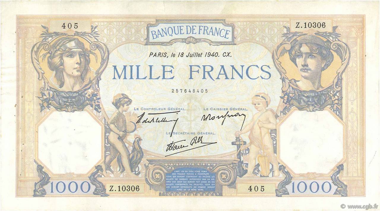 1000 Francs CÉRÈS ET MERCURE type modifié FRANCE  1940 F.38.50 TB+