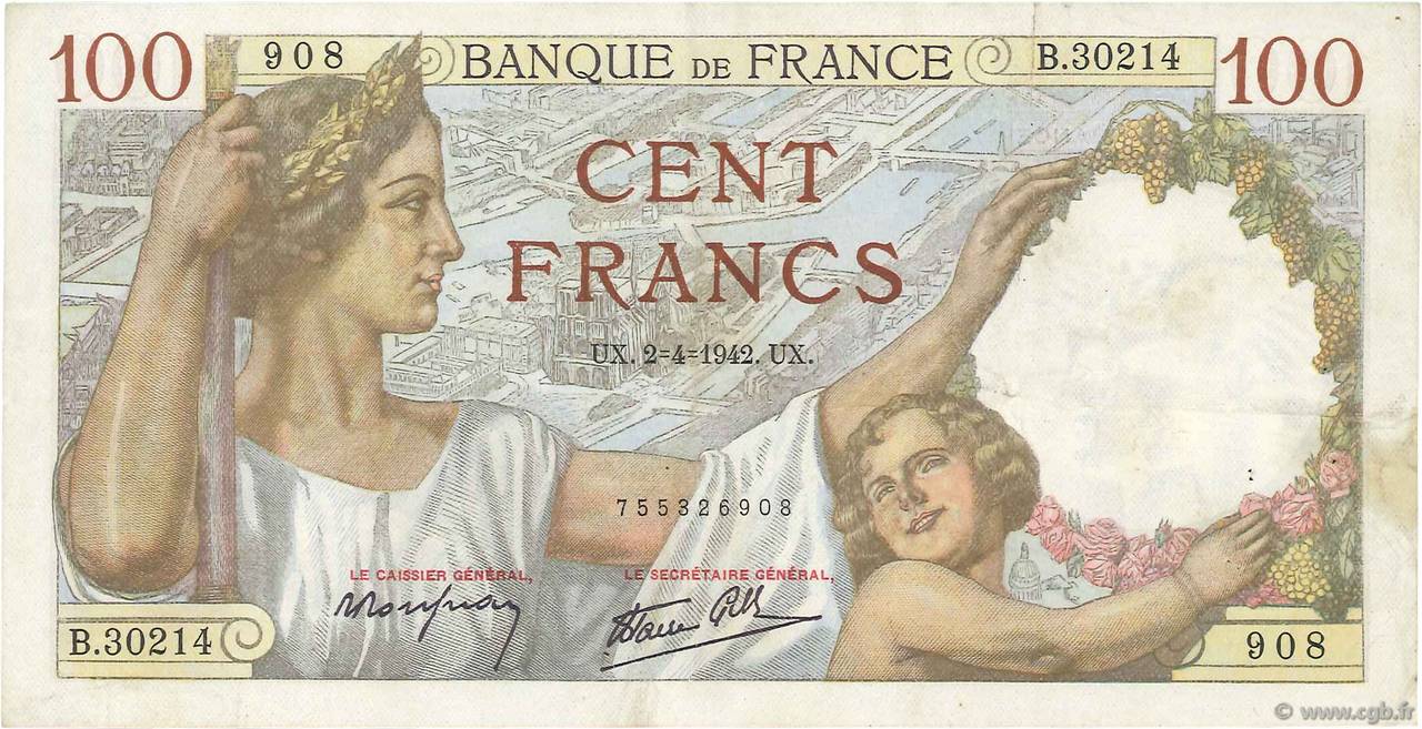 100 Francs SULLY FRANCE  1942 F.26.69 TTB