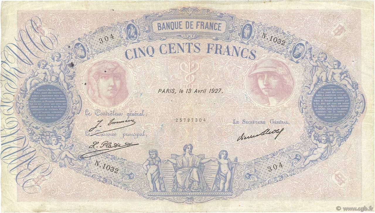 500 Francs BLEU ET ROSE FRANCE  1927 F.30.30 TB
