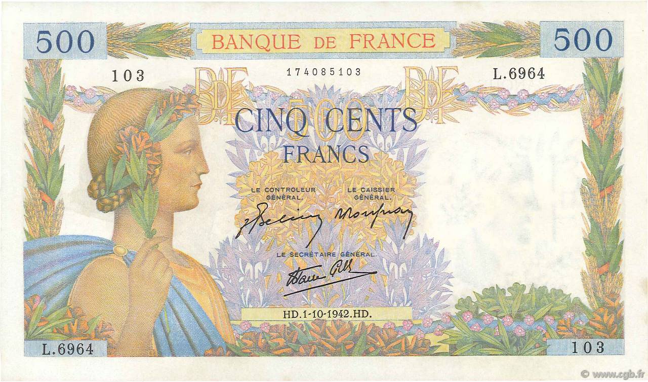 500 Francs LA PAIX FRANCE  1942 F.32.41 AU-