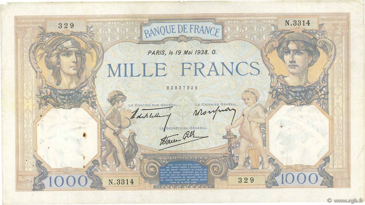 1000 Francs CÉRÈS ET MERCURE type modifié FRANCE  1938 F.38.15 TB