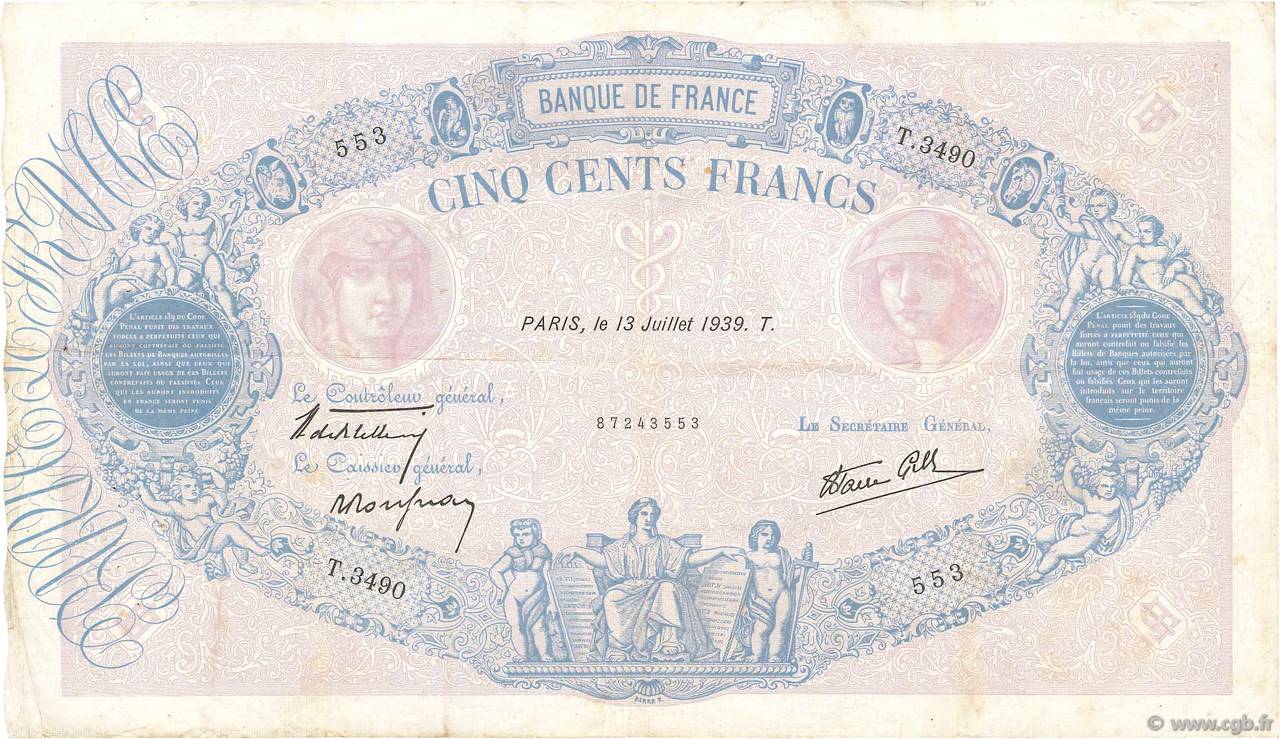 500 Francs BLEU ET ROSE modifié FRANCE  1939 F.31.36 pr.TTB