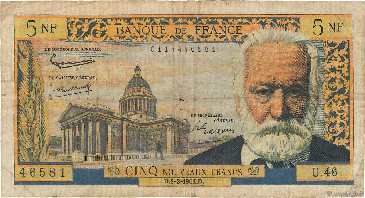 5 Nouveaux Francs VICTOR HUGO FRANCE  1961 F.56.06 B