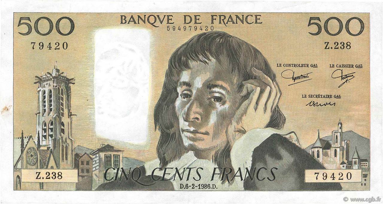 500 Francs PASCAL FRANCE  1986 F.71.34 TTB+