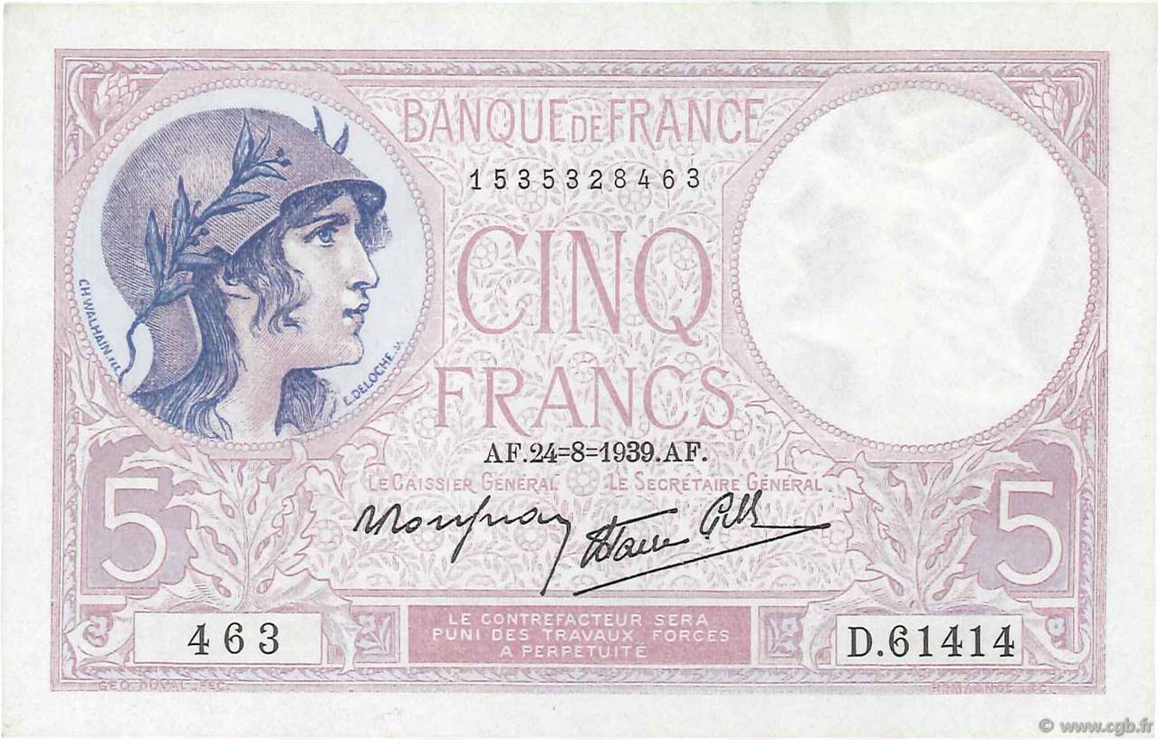 5 Francs FEMME CASQUÉE modifié FRANCE  1939 F.04.07 SUP