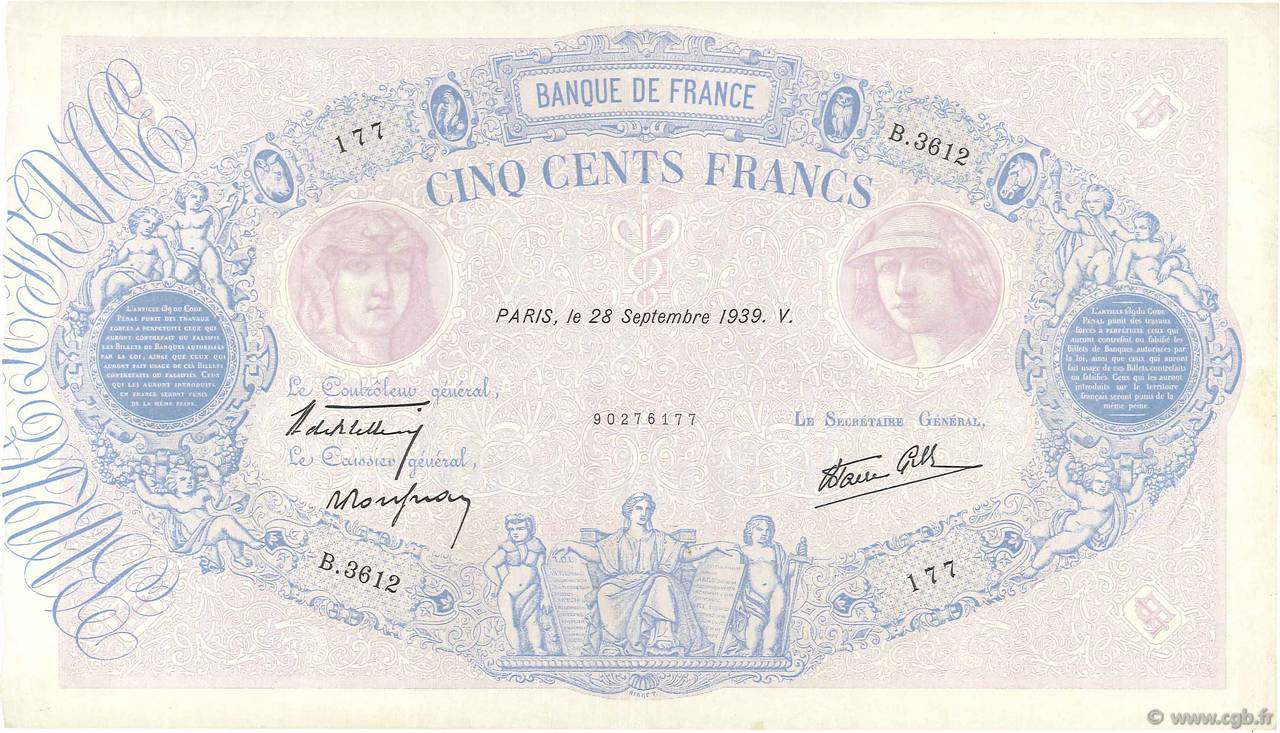 500 Francs BLEU ET ROSE modifié FRANCE  1939 F.31.41 TTB+