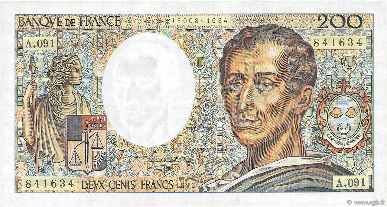 200 Francs MONTESQUIEU FRANCE  1991 F.70.11 pr.SUP