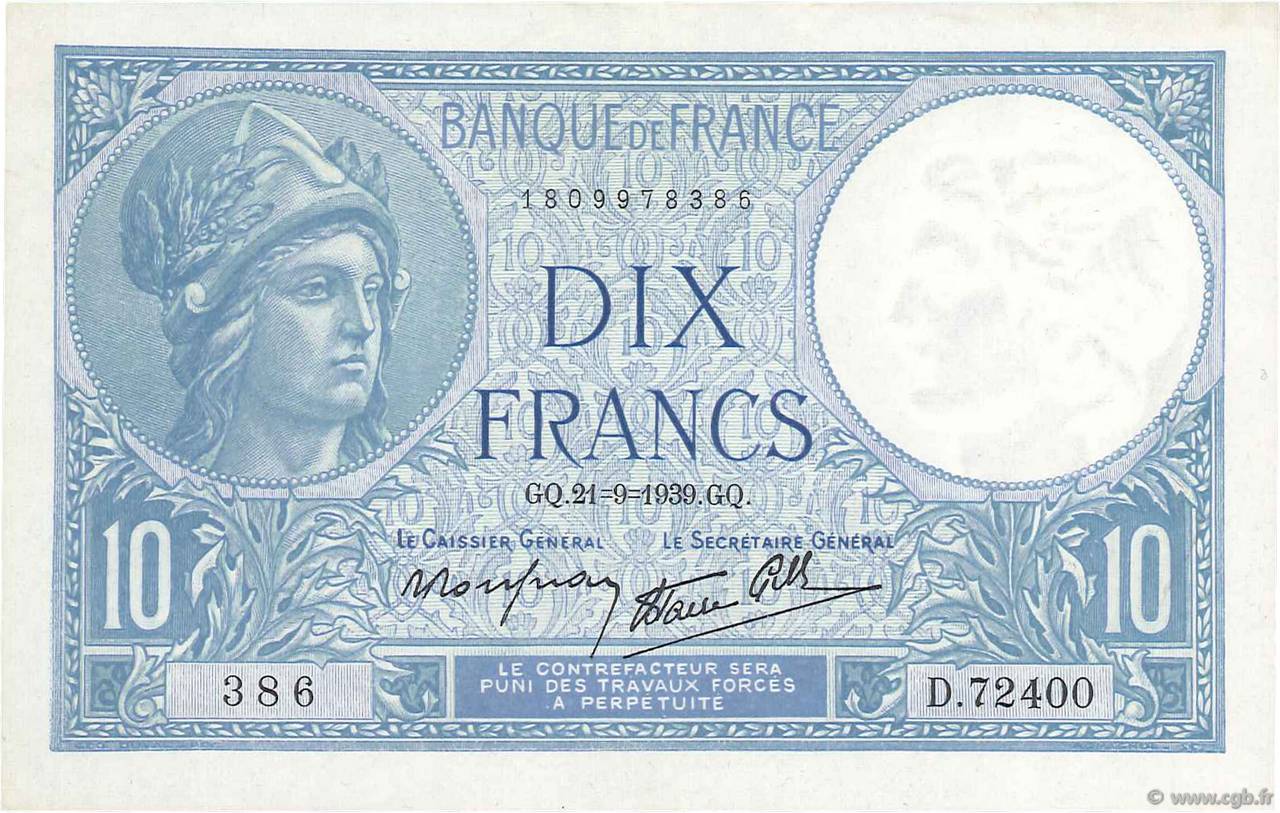 10 Francs MINERVE modifié FRANCE  1939 F.07.08 TTB+