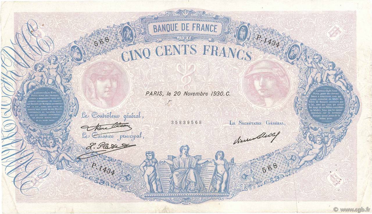 500 Francs BLEU ET ROSE FRANCE  1930 F.30.33 F+