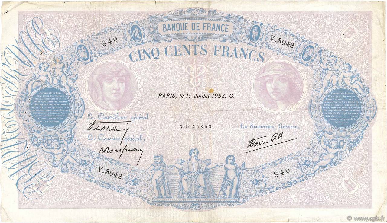 500 Francs BLEU ET ROSE modifié FRANCE  1938 F.31.18 F-