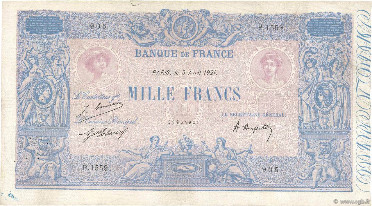 1000 Francs BLEU ET ROSE FRANCE  1921 F.36.37 TB+